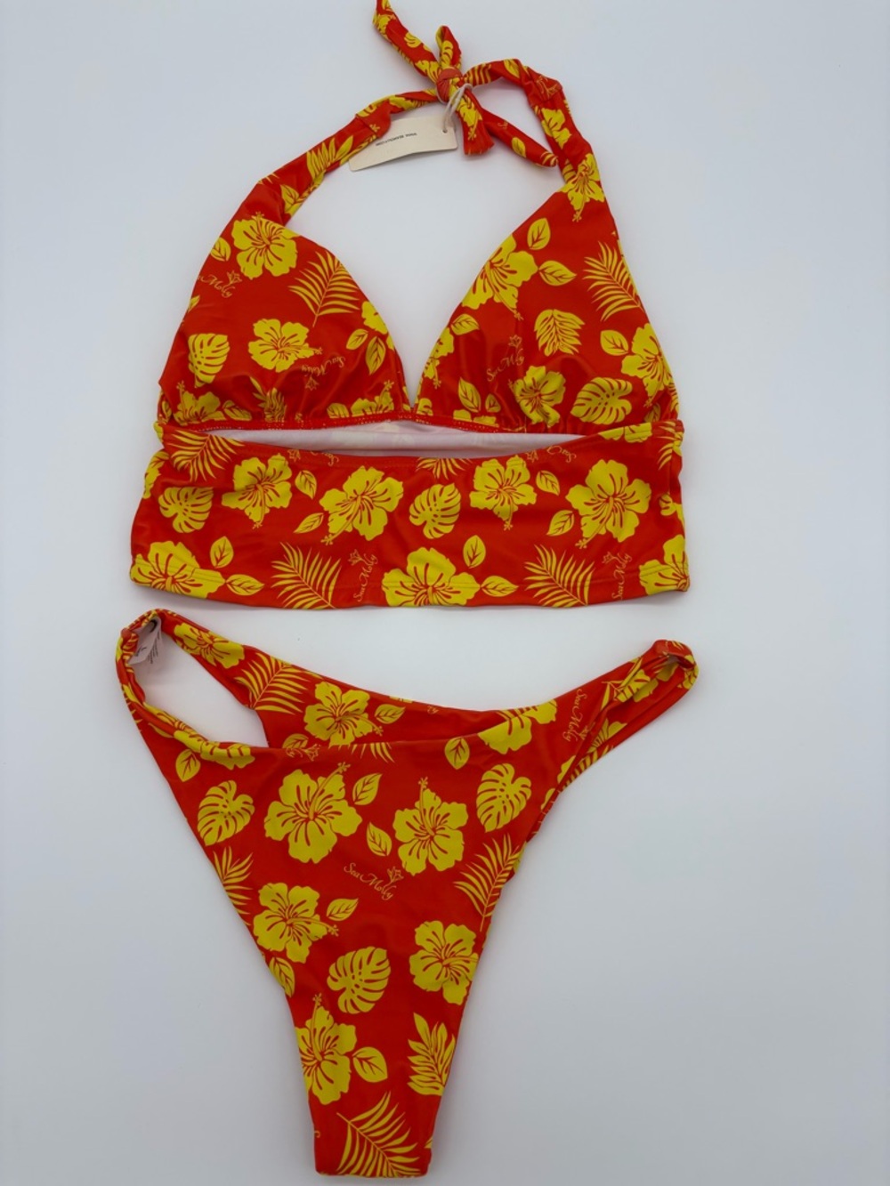 Red & Yellow Floral Halter Bikini Top and Briefs NWT - Picture 2 of 3